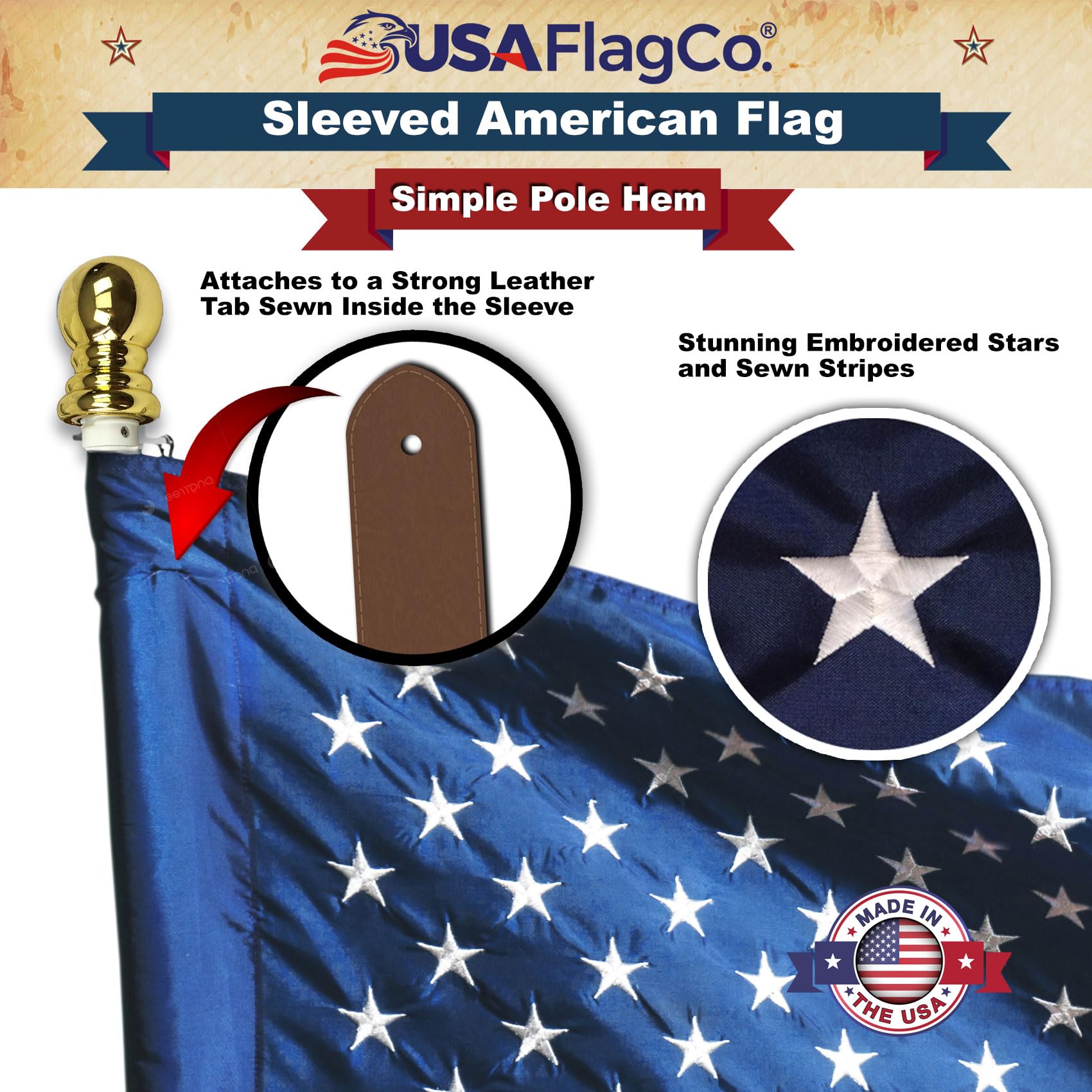 2x3 Sleeved American Flag - Embroidered Stars & Sewn Stripes - Made in the USA (2x3 Foot) - Image 3