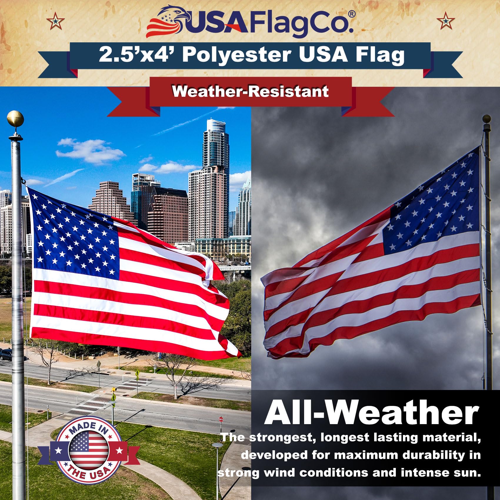 USA Flag Co. 2.5x4 Foot Polyester US Flag - Embroidered Stars and Sewn Stripes, Made in the USA - Image 4