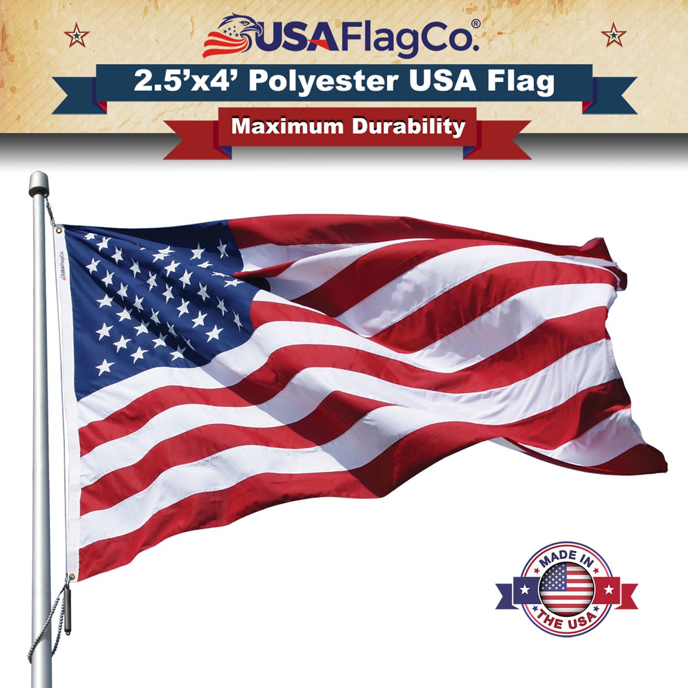 USA Flag Co. 2.5x4 Foot Polyester US Flag - Embroidered Stars and Sewn Stripes, Made in the USA - Image 7