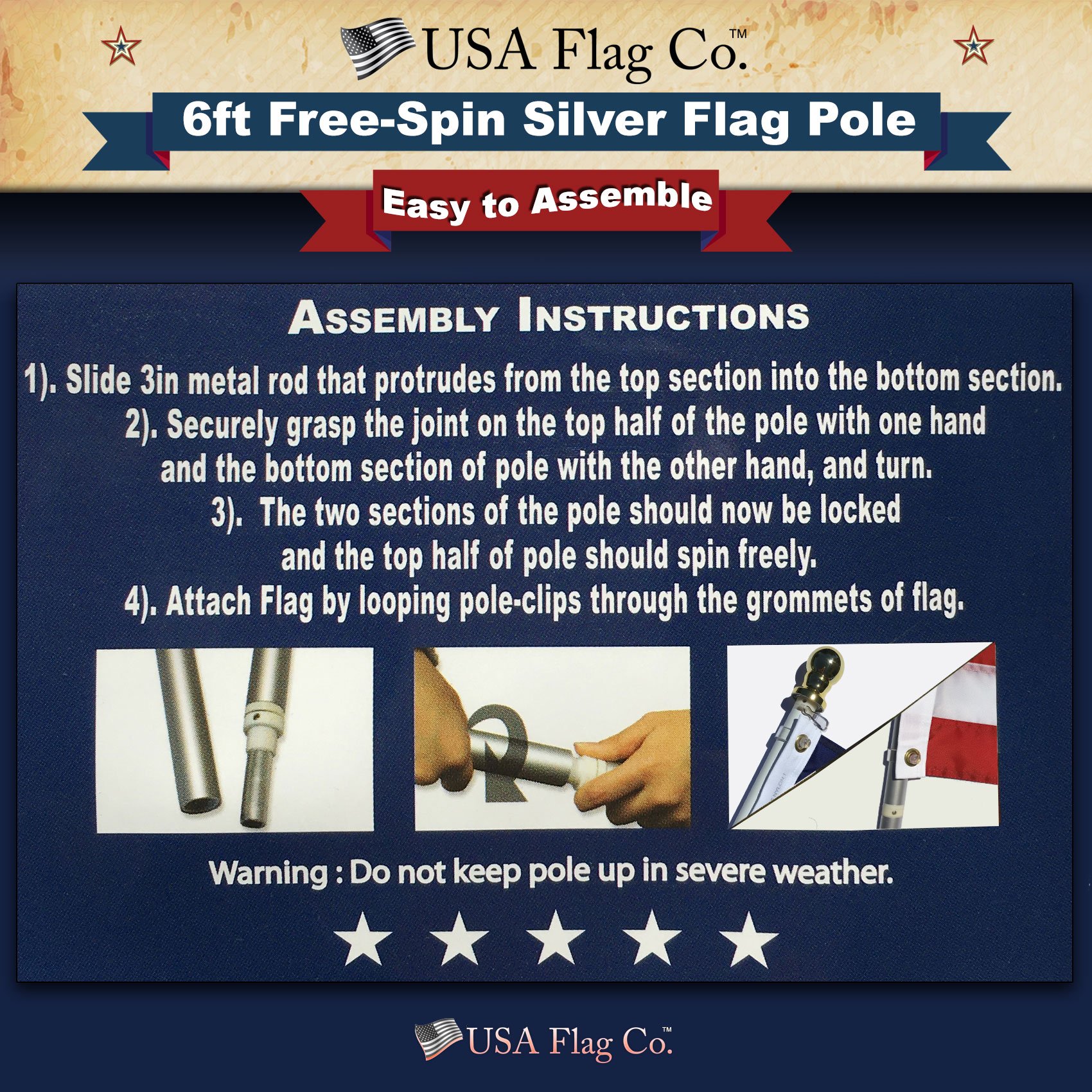 USA Flag Co. Flag Pole Free-Spin Anti-Wrap Residential or Commercial 6ft Outdoor Flagpole (Silver) - Image 8