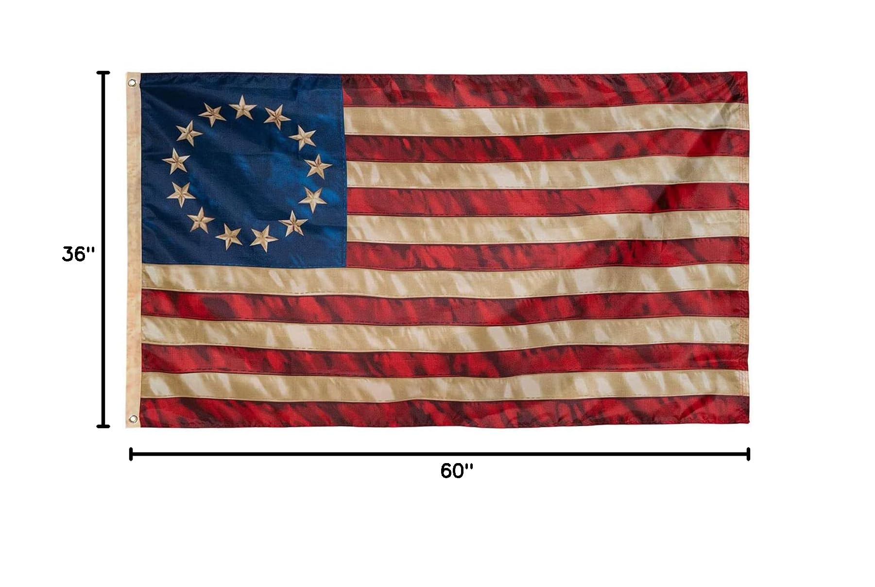 USA Flag Co. Historical Betsy Ross Flag 3x5 foot | Heavy Duty Polyester, Embroidered Stars, Sewn Stripes, Brass Grommets (Heritage Tea Stained) - Image 7