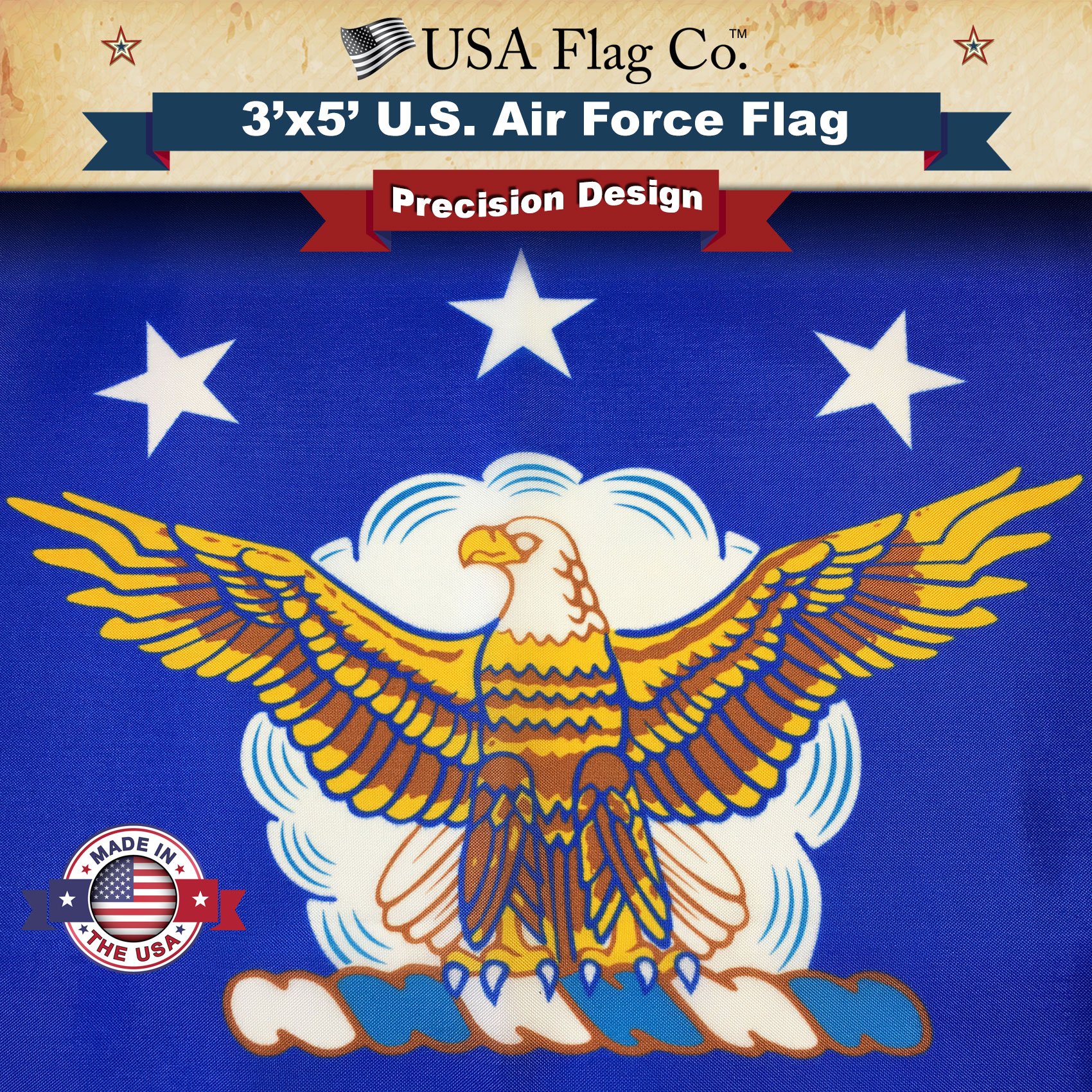 USA Flag Co. US Air Force Flag 3x5 Outdoor 100% American Made USAF Flag with Vivid Colors, Polyester Canvas Heading, Brass Grommets, and Four Point Needle Fly Hem - Image 3