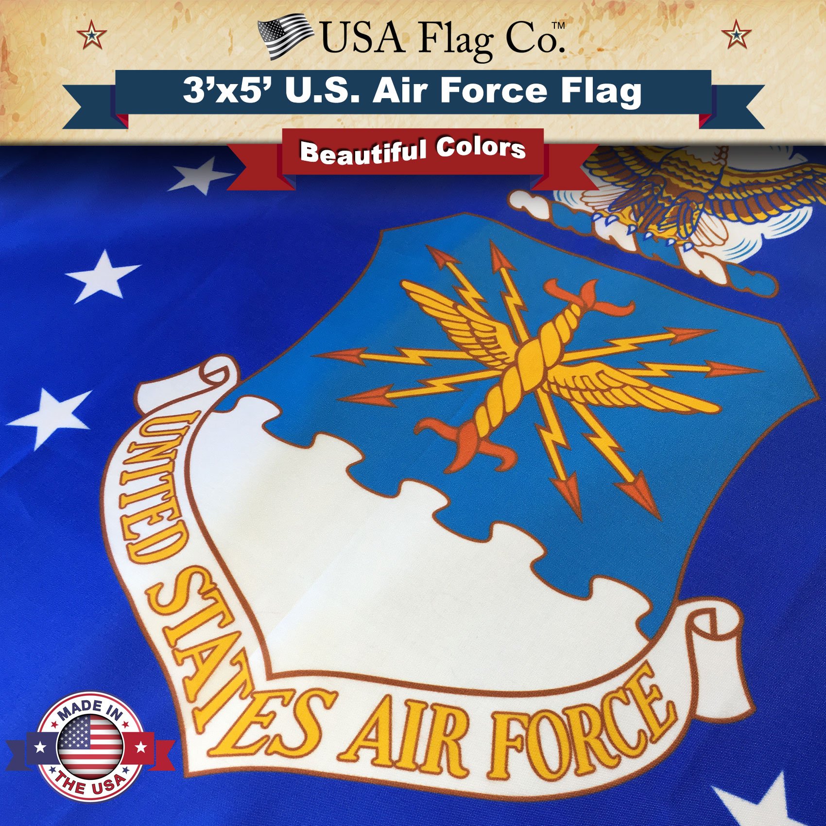 USA Flag Co. US Air Force Flag 3x5 Outdoor 100% American Made USAF Flag with Vivid Colors, Polyester Canvas Heading, Brass Grommets, and Four Point Needle Fly Hem - Image 4