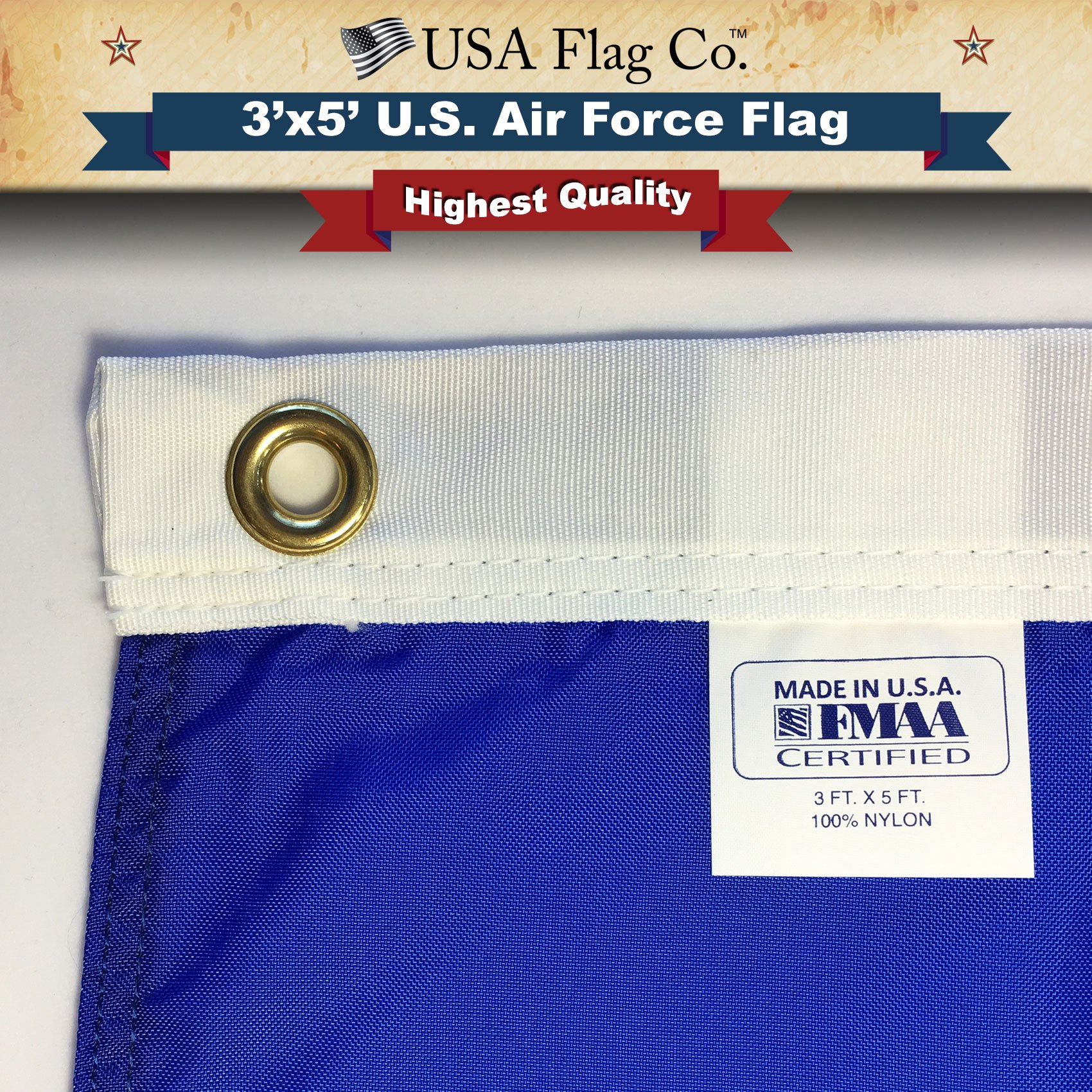 USA Flag Co. US Air Force Flag 3x5 Outdoor 100% American Made USAF Flag with Vivid Colors, Polyester Canvas Heading, Brass Grommets, and Four Point Needle Fly Hem - Image 5