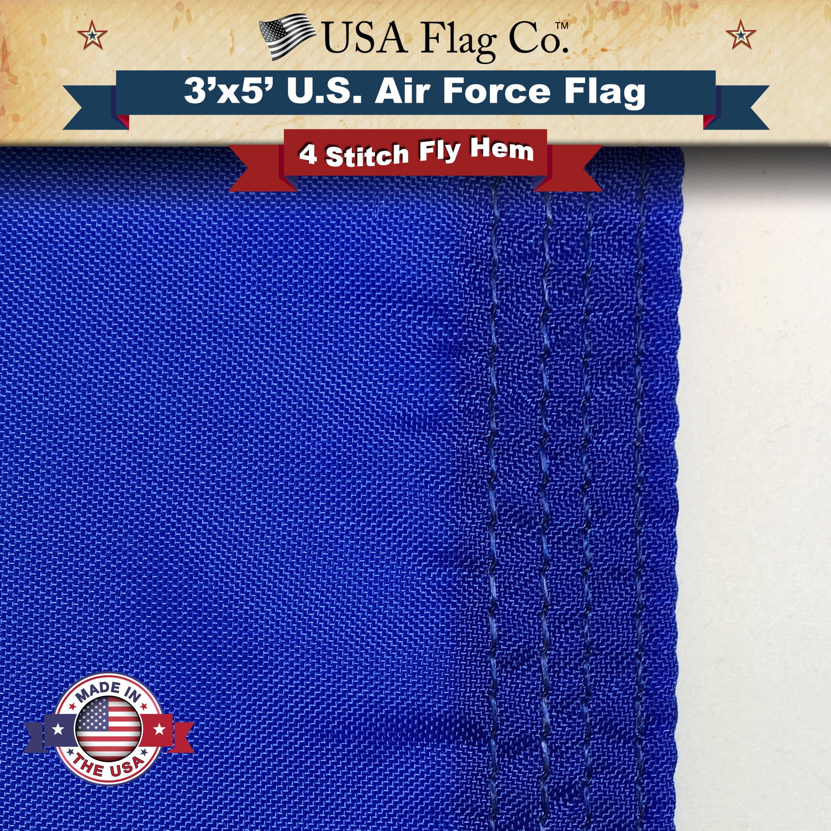 USA Flag Co. US Air Force Flag 3x5 Outdoor 100% American Made USAF Flag with Vivid Colors, Polyester Canvas Heading, Brass Grommets, and Four Point Needle Fly Hem - Image 6