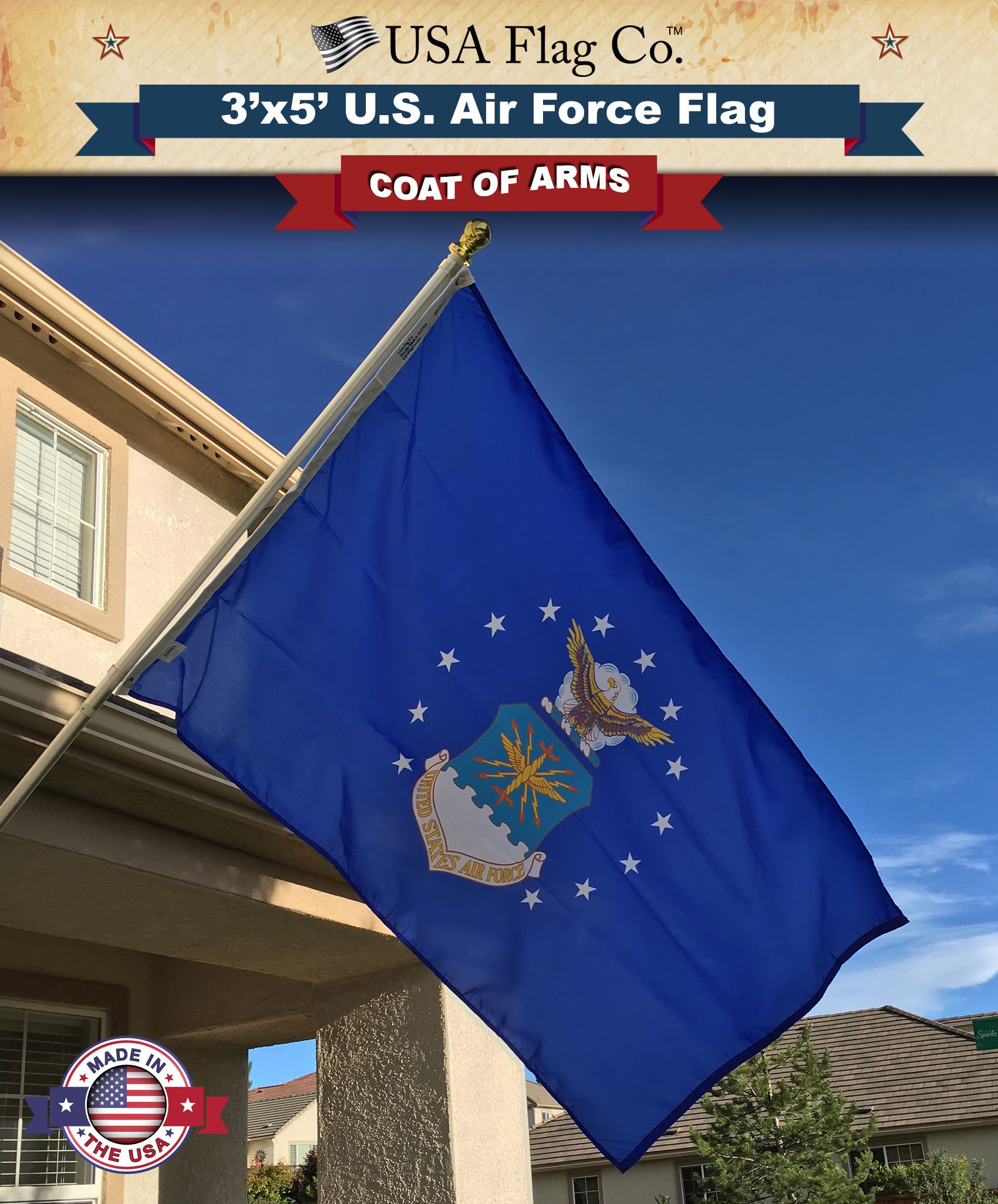 USA Flag Co. US Air Force Flag 3x5 Outdoor 100% American Made USAF Flag with Vivid Colors, Polyester Canvas Heading, Brass Grommets, and Four Point Needle Fly Hem - Image 7