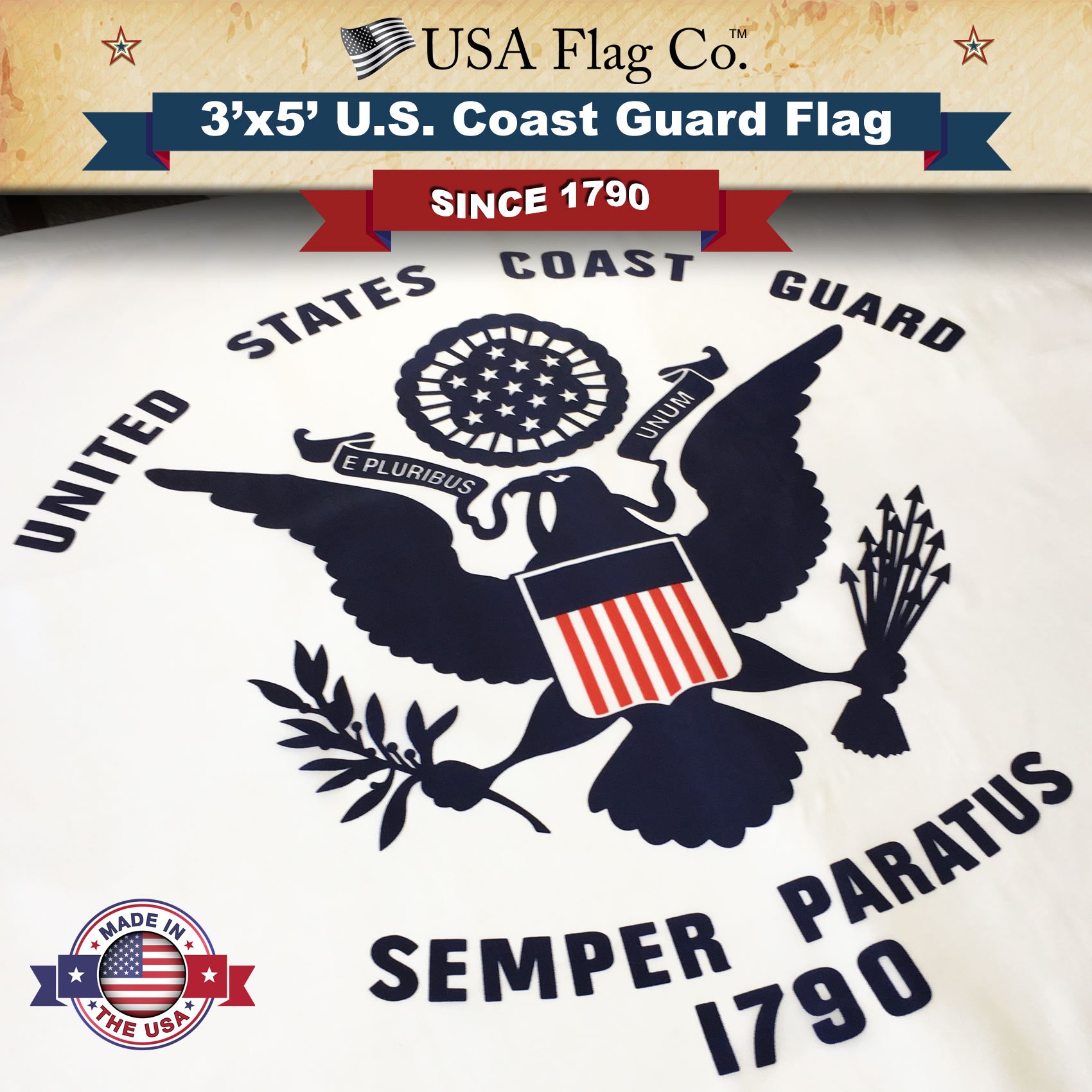 USA Flag Co. US Coast Guard Flag 3x5 Outdoor USCG Flag 100% American Made, FMAA Certified - Made in USA - Image 3