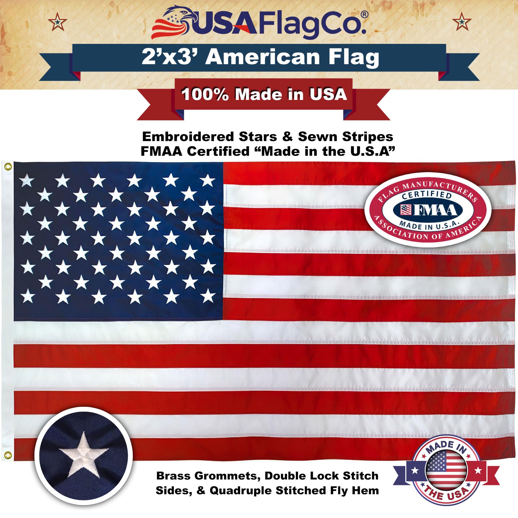 USA Flag Co. US Flag Made in USA The BEST 2x3 Embroidered Stars and Sewn Stripes American Flag - Image 3